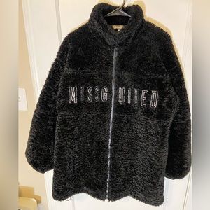 MISSGUIDED Black Embroidery Borg Teddy Zip Through Coat